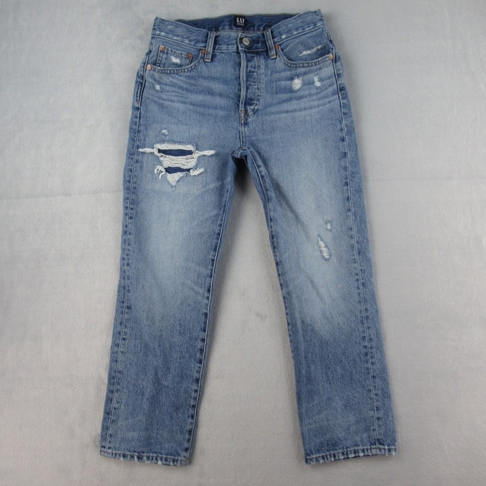 Gap Denim Womens 0/25R Boyfriend Jeans Blue Distressed‎ High Rise Button Fly